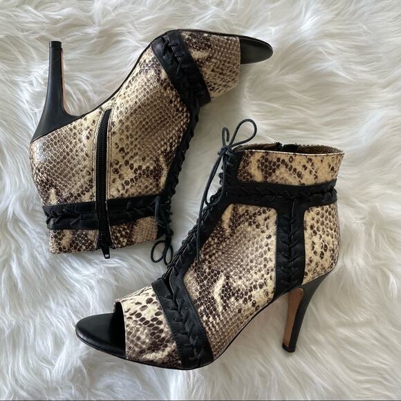 Cynthia Vincent | Magan Lace-Up Snake Embossed Leather Booties Stiletto Peep Toe - Picture 5 of 11